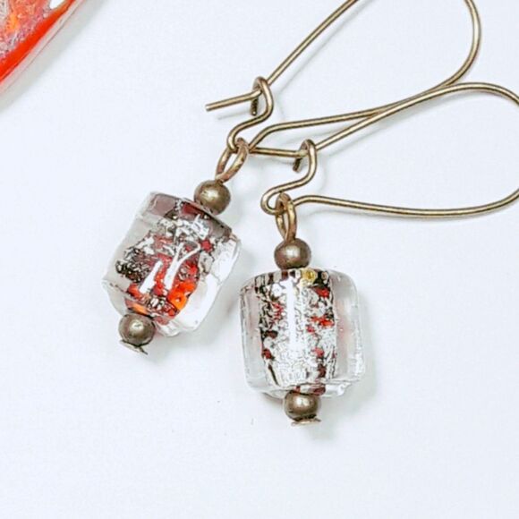 artisan earrings 453#mfs NEW boho Bohemian foil umber center glass barrel drop e - Picture 4 of 5